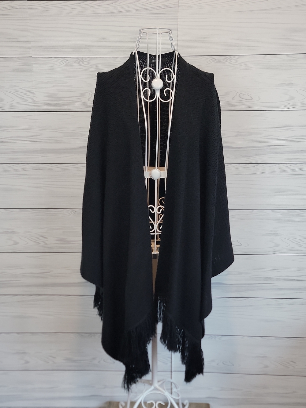 Style & Co. Black Knit Wrap with Fringe Detail Womens Size S/M